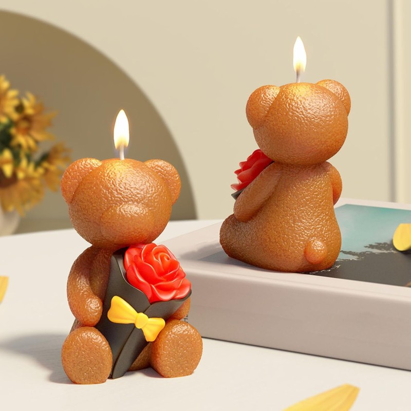 Moule en silicone pour bougie Mini-ours tenant une rose