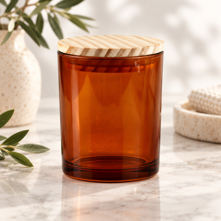 Pot en verre ambré avec couvercle en bois